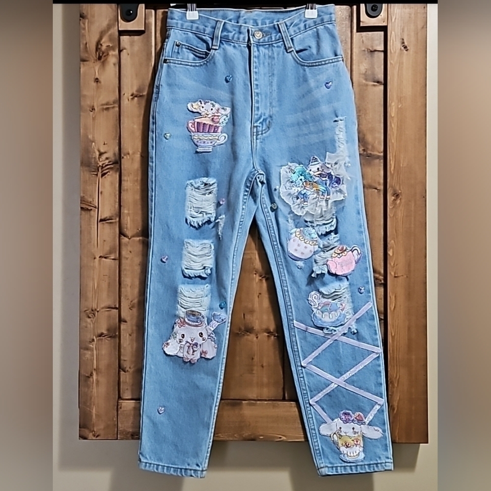 Look Trend Cartoon Patch Distressed Denim Jeans Size S